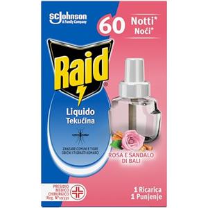 Raid Liquido Elettrico Antizanzare Comuni e Tigre, Ricarica, Fragranza alla Rosa e al Sandalo di Bali, Confezione da 1 Ricarica da 36ml, 60 Notti
