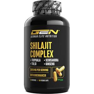 GEN GERMAN ELITE NUTRITION Shilajit Complex - 180 capsule - Altamente dosato con 3010 mg per dose giornaliera - Con ginseng, schisandra, triphala, estratto di tulsi, 50% di acido fulvico e 12% di acido umico - Vegano