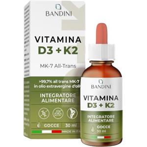 Bandini® Vitamina D3 K2 Gocce, in Olio Extra Vergine di Oliva EVO, Vitamine D Colecalciferolo 1000 UI per Goccia + Vit K MK-7 Menachinone Kappa 99,7% 100 mcg per Goccia, con pratico Contagocce