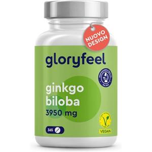 Gloryfeel Ginkgo Biloba, Estratto 50:1 con 24% Flavonoglicosidi + 6% Terpenlattoni, 365 Compresse per 1 anno, 100% Vegan e Qualità Testata, 3950 mg, Integratore per Circolazione, Concentrazione e Memoria