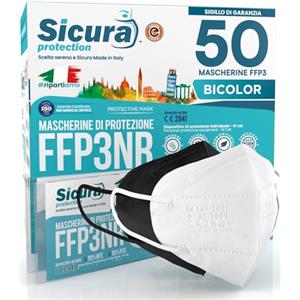 SICURA MASCHERINE CHIRURGICHE 50 Mascherine FFP3 Certificate CE Nere e Bianche Made in Italy BFE ≥99% | PFE ≥99% logo SICURA impresso Mascherina italiana ffp3 SANIFICATA e sigillata singolarmente 25 Bianche + 25 Nere