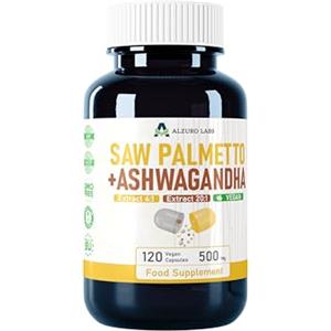 Alzuro Labs Saw Palmetto & Ashwagandha | 500 mg (estratto 4:1 & 20:1) | 120 veg capsule | supporto prostatico, ormone e stress ad alto dosaggio | 4 Mesi | Testato in Laboratorio | Certificato GMP