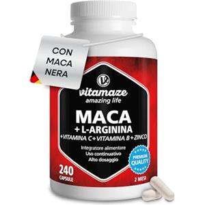 Vitamaze - amazing life Vitamaze Maca Peruviana (con Maca Nera) Alto Dosaggio con L-Arginina, Zinco, Vitamina C, Vitamine B6 e B12, 240 Capsule, Prodotto in Germania, Integratore Alimentare Vegetale senza Additivi