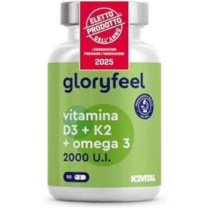 Gloryfeel Vitamina D3 + K2 + Omega 3, 90 Capsule Softgel, Eletto PRODOTTO DELL'ANNO 2025, 2000UI Vitamin D, 100 µg Vitamina K (K2VITAL® di Kappa), 1000mg Olio di Pesce 400mg EPA e 300mg DHA