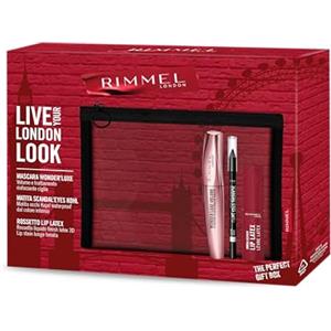 Rimmel London Cofanetto Regalo Live Your London Look, Pochette con Mascara Wonder'Luxe Volume, Matita Occhi Scandal'Eyes Kohl Black Waterproof e Rossetto Liquido Thrill Seeker Lip Latex