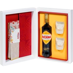 Averna Kit "Open Colors" Limited Edition: Amaro Averna 70 cl; 2 Bicchieri Firmati Averna, 1 Runner per Tavolo in Lino con Disegno a Mano