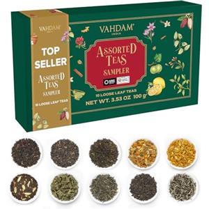 VAHDAM Top 10 Preferiti Set Campionatore di Tè di San Valentino | Tè Sfuso (50+ Tazze) | Confezione Varietà di Tè con Verde, Erboristico, Nero & Chai | Idee Regalo di San Valentino per Donna e Uomo