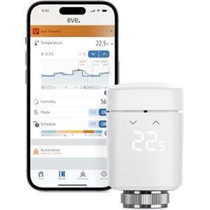 Eve Thermo (Matter, 4ª gen): valvola termostatica intelligente, controllo automatico della temperatura, richiede Amazon Alexa, Apple Home, SmartThings o Google Home. necessario Thread Border Router