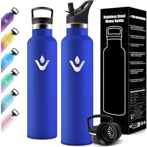 Motswedi Borraccia Termica 1 litro, con Cannuccia, Borracce Termiche, Doppia Parete, Bottiglia Termica, Acciaio Inox, Borraccia a Prova di Perdite, per Palestra, Campeggio, Outdoor, Blu Scuro & Nero