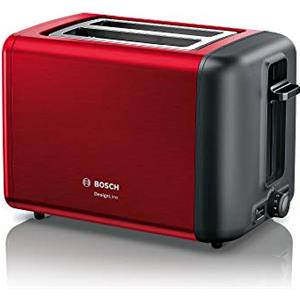 Bosch TAT3P424DE DesignLine tostapane compatto, inserto per panini in acciaio inox integrato, con funzione di scongelamento, perfetto per 2 fette di pane tostato e funzione di sollevamento, largo, 970 W, colore rosso