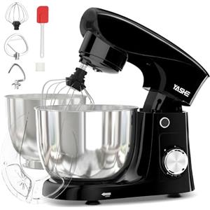 YASHE Impastatrice Planetaria 1500W, 2 Ciotole in Acciaio Inox 4,5L + 5L, 10+P Velocità, Testa Inclinabile, con Gancio Impastatore, Frusta e Sbattitore, Nero