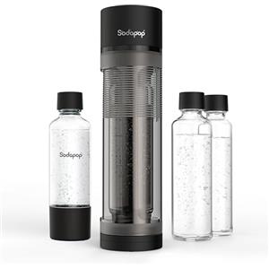 Sodapop Gorgogliatore Logan, con 2 bottiglie di vetro (850 & 600 ml) e 1 bottiglia in PET (850 ml), colore nero opaco, altezza 42,6 cm, senza cilindro CO₂