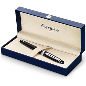 Waterman Expert penna stilografica | nero lucido con finiture cromate | pennino medio con cartuccia di inchiostro blu | confezione regalo