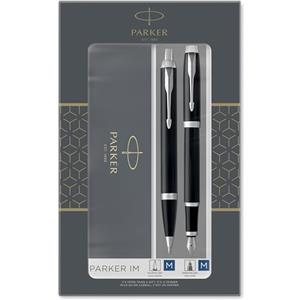 Parker IM Duo set regalo con penna a sfera e penna stilografica | nero lucido con finiture cromate | cartuccia e ricarica di inchiostro blu | confezione regalo