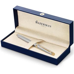 Waterman Hémisphère penna stilografica | in acciaio inossidabile con finiture in oro 23 carati | pennino medio con cartuccia di inchiostro blu | confezione regalo