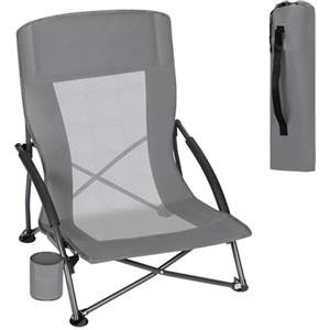 WOLTU Sedia da Spiggia Bassa, Sedia da Campeggio Pieghevole, Portatile Leggera con Schienale in Rete Traspirante, con Portabicchieri, Borsa di Trasporto, Grigio Scuro