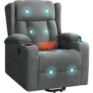 WOLTU Poltrona Elettrica Reclinabile, Sedia Massaggiante con Alzapersone, Riscaldamento, Poggiapiedi, Tasche Laterali, Porta USB, Portabicchieri, per Soggiorno, Tessuto Spugna, Grigio, SKS61gr