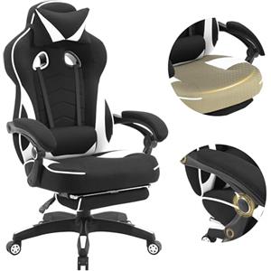WOLTU Sedia da Gaming Tessuto Traspirante, Fresco D'estate，Poltrona Gamer Ergonomica con Poggiapiedi, Schienale & Sedile Grandi Comodo, Nero+Bianco