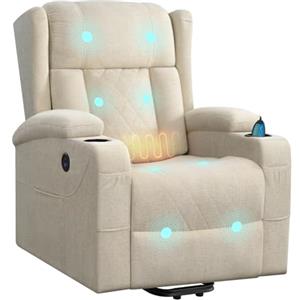 WOLTU Poltrona Elettrica Reclinabile, Sedia Massaggiante con Alzapersone, Riscaldamento, Poggiapiedi, Tasche Laterali, Porta USB, Portabicchieri, per Soggiorno, Tessuto Spugna, Beige, SKS61be