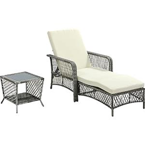 Outsunny Set Lettino Prendisole Regolabile su 5 Posizioni e Tavolino in Rattan PE, Sdraio da Giardino e Tavolino a 2 Ripiani, Bianco Crema