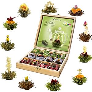 Creano Set Regalo Fiori di Tè Bianco, Verde, Nero in Scatola di Legno | 12 Tè Fiorito con 11 Varietà Diverse | Idea Regalo Elegante per Occasioni Speciali Natale Compleanno