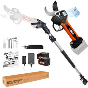 Kebtek Cesoie elettriche da giardino 40 mm, cesoie senza fili con asta di prolunga, motore senza spazzole da 18 V, batteria ricaricabile da 2 Ah, display LCD
