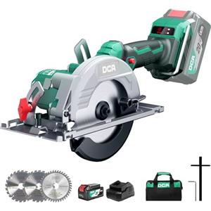 DCA Sega Circolare Mini Senza Spazzole, 2 Velocità 6700/4200 Rpm con 20V 4,0Ah Batteria, 3 Lame Ø125mm e Guida, Profondità Taglio 45mm(90°)/33mm(45°), Per Legno, Plastica, PVC