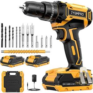 JYGMPRO Trapano Avvitatore Batteria 21V, con 2 Batterie da 2.0Ah, 14 Accessori, 42N.m di Coppia con Avvitatore Elettrico, 2 Velocità, 25+3 Coppia, Luce a LED, Per il Fai da te, in Casa e Giardino