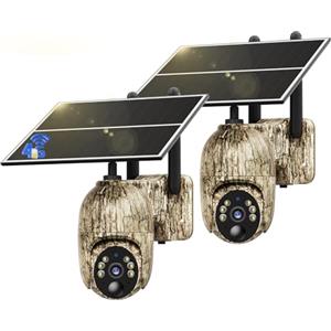 NUASI Fotocamera da Caccia 4G e Scheda SIM【2 Pezzi】, 2K Video in diretta Telecamera con Pannello Solare, 360° PTZ Fototrappola Infrarossi Invisibili, Audio 2 Vie, Rilevamento Animali, IP66