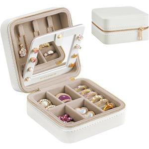 SONGMICS Scatola Portagioie da Viaggio, Piccolo Porta Gioielli, San Valentino, Portagioielli Portatile, con Specchio, Cerniera Lampo, PU, 11,4 x 11,4 x 5,5 cm, Idea Regalo, Bianco Nuvola JBC146BEV2