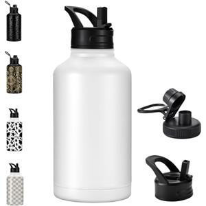 FOLAI Borraccia in acciaio inox a prova di perdite da 2L con cannuccia, grande borraccia per fitness e sport, senza BPA, per palestra, lavabile in lavastoviglie, per bevande gassate (bianco)