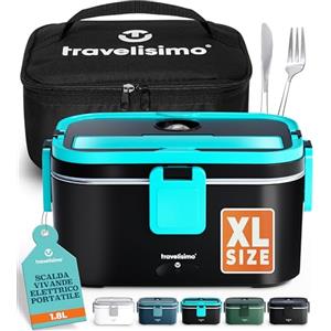 TRAVELISIMO Scaldavivande Elettrico Portatile Extra Grande 1,8L 80W Portapranzo Riscaldabile Portatile, 220V/12V/24V Scalda Vivande Portatile Elettrico per Viaggio e Lavoro, Porta Pranzo Riscaldabile
