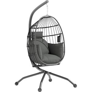 Outsunny Poltrona Sospesa a Uovo con Gancio Regolabile, 2 Cuscini Lavabili e Portabicchieri, Sedia a Dondolo da Giardino Pieghevole, Base a X in Acciaio, per Interni ed Esterni, 120x88x192 cm, Nero