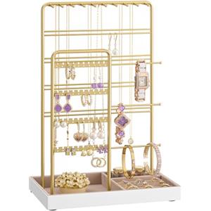 SONGMICS Portagioie, Porta Collane e Orecchini, Espositore per Gioielli, Metallo, Vassoio in Velluto, per Collane Bracciali Orecchini Anelli, Idea regalo, Oro Pallido JJS028A01