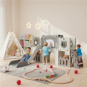 MAMIZO 10 in 1 Scivolo per Bambini, Scivolo Giocattolo da Interno o Esterno Canestri da Basket e Telescopi, Scivolo da Giardino Spazio di Deposito e Tunnel, mit 4PCS Moduls, Grigio Bianco