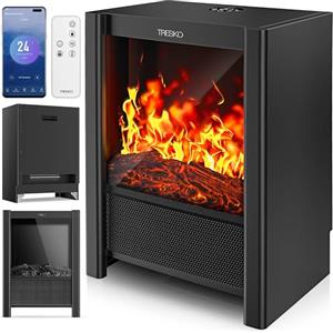 TRESKO® Camino Elettrico SmartFire con Riscaldamento 2000 W, APP WiFi e Telecomando | Camino Elettrico con Effetto fiamma LED e Display LCD | Camino con Termostato | Stufa Elettrica Timer