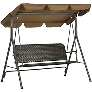 Outsunny Dondolo da Giardino 3 Posti con Tettuccio Parasole Regolabile, Dondolo da Esterno con Seduta Traspirante in Rattan PE e Acciaio, Portata fino a 240 kg, 167x112x153 cm, Marrone