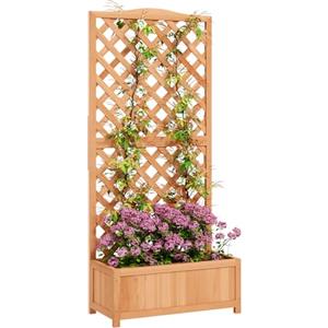 Outsunny Letto per Orto Rialzato da Esterno con Grigliato, Fioriera da Esterno con Traliccio per Piante Rampicanti in Legno di Abete, per Fiori e Verdure, per Giardino e Balcone, 76x36x170 cm, Marrone