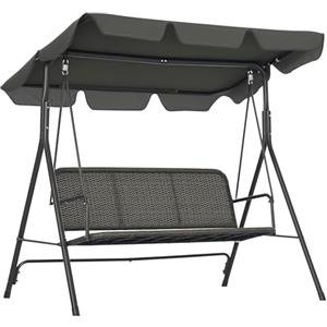 Outsunny Dondolo da Giardino 3 Posti con Tettuccio Parasole Regolabile, Dondolo da Esterno con Seduta Traspirante in Rattan PE e Acciaio, Portata fino a 240 kg, 167x112x153 cm, Grigio Scuro