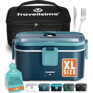 TRAVELISIMO Scaldavivande Elettrico Portatile Extra Grande 1,8L 80W Portapranzo Riscaldabile Portatile, 220V/12V/24V Scalda Vivande Portatile Elettrico per Viaggio e Lavoro, Porta Pranzo Riscaldabile