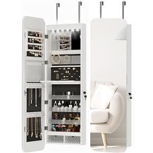 HOMCOM Armadietto Portagioie da Parete con Specchio Interno e Luci LED, Alto 120 cm Specchio Portagioie Salvaspazio per Porta con Cassetti, Serratura e Chiave, Ripiano Ribaltabile, Bianco e Nero