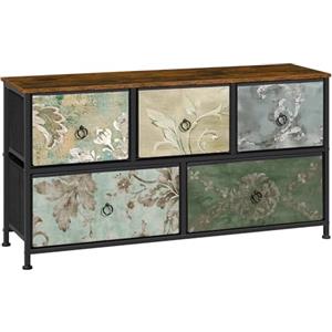 WOLTU Cassettiera, 5 Cassetti per Camera da Letto/Corridoio/Soggiorno, Marrone Rustico e Nero con Motivo Fiore retrò, Struttura in Metallo, 100x30x54cm, SSK005pw