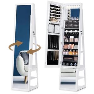 Hzuaneri Armadio portagioie a 16 LED, organizzatore di gioielli in piedi da 160 cm con base girevole a 360°, bianco e nero JC16003B