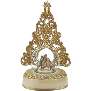 Baroni Home Palla di Neve in Vetro, Resina e Acciaio, Globo di Neve di Natale Raffigurante Natività, Elegante Decorazione Natalizia, Diametro ⌀ 6,5 cm, Nativita' con Albero
