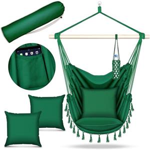 tillvex Poltrona Sospesa 200kg da Appendere | Amaca Sospesa Interno & Esterno | Sedia Appesa Resistente alle Intemperie | Poltrona Oscillante con Cuscino (Verde, Con 2 cuscini)