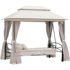 Outsunny Dondolo 3 Posti e Lettino Singolo Copertura a Gazebo con Zanzariera e Cuscini 256x172x248cm Crema