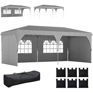 Outsunny Gazebo 3x6 m Pieghevole Pop Up ad Altezza Regolabile, Gazebo Esterno con Strisce Riflettenti, Pareti Laterali, Sacchi di Sabbia, Borsa da Trasporto, UV50+, per Campeggio Feste, Grigio Chiaro