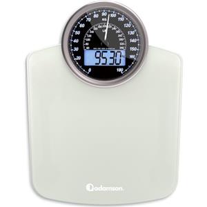 Adamson Bilancia Pesapersone Ibrida + Digitale & Analogica 2-in-1 - Fino a 180 kg - Ampio Display con Retroilluminazione + Robusto Vetro Temperato + Lettura Facile + NUOVO + Bianco