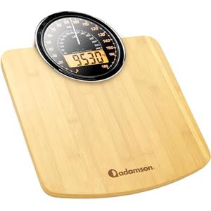 Adamson Bilancia Pesapersone Ibrida - Digitale & Analogica 2-in-1 - Fino a 180 kg - Ampio Display con Retroilluminazione - Robusto Vetro Temperato - Lettura Facile - NUOVO - Legna