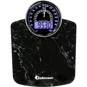 Adamson Bilancia Pesapersone Ibrida - Digitale & Analogica 2-in-1 - Fino a 180 kg - Ampio Display con Retroilluminazione - Robusto Vetro Temperato - Lettura Facile - NUOVO - Marmo Nero